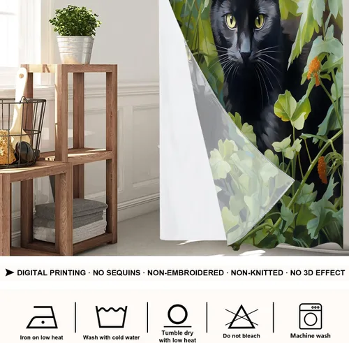 Vista 3 de Shrahala Black Cat Green Foliage Shower Curtain with Snap in Liner Set, Cat Surrounded By Leaves No Hooks Stall Curtain Waterproof for Bathtubs