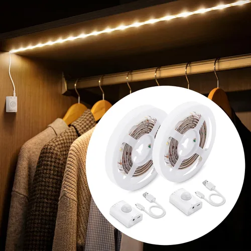 Vista 11 de LUXJET - Luz recargable con sensor de movimiento para armario, tira LED flexible de 1 m con 30 luces LED, sensor PIR y de luz, luz nocturna blanca