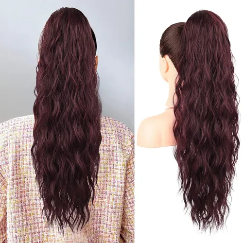 Vista 21 de FLUFYMOOZ Extensión de cola de caballo de 22 pulgadas, extensiones de cabello sintético ondulado largo y rizado para mujer