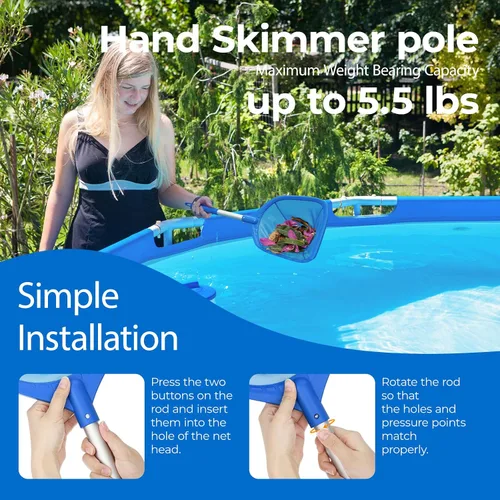 Vista 6 de Mowend Red de desnatador de piscina de 26.8 pulgadas, red de rastrillo de hojas con poste de aluminio fino para limpieza rápida de estanques Azul