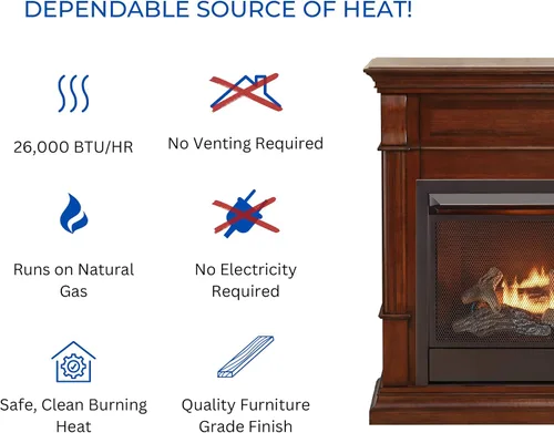 Vista 4 de Duluth Forge Chimenea de gas natural sin ventilación con repisa, 26,000 BTU, control remoto, acabado cereza caoba - Modelo # DFS-300NR-3AC