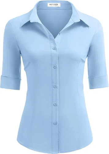 Vista 5 de ELESOL Camisa básica con botones para mujer, manga 3/4, elástica, con botones