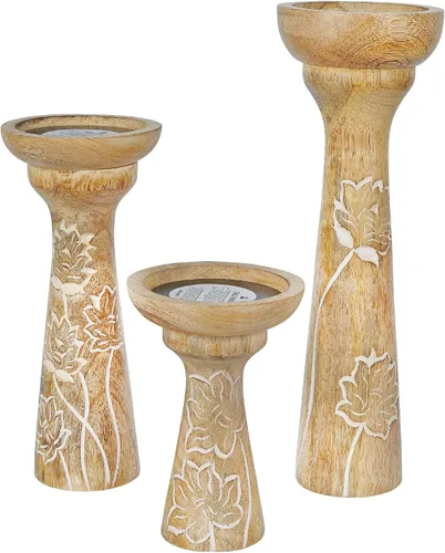 Vista 8 de Mela Artisans Pakshi - Juego de 3 portavelas de madera de mango de 6, 9 y 12 pulgadas, color blanco envejecido, portavelas de madera para mesa