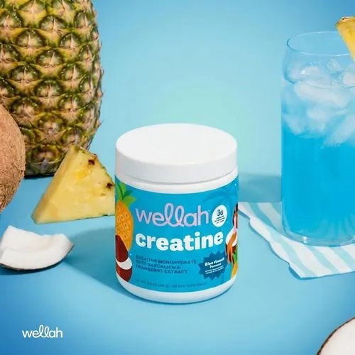 Vista 4 de Wellah Creatina para mujer (50 porciones) Blue Hawaii - 0.11 onzas de monohidrato de creatina en polvo con diente de león y extracto de arándano