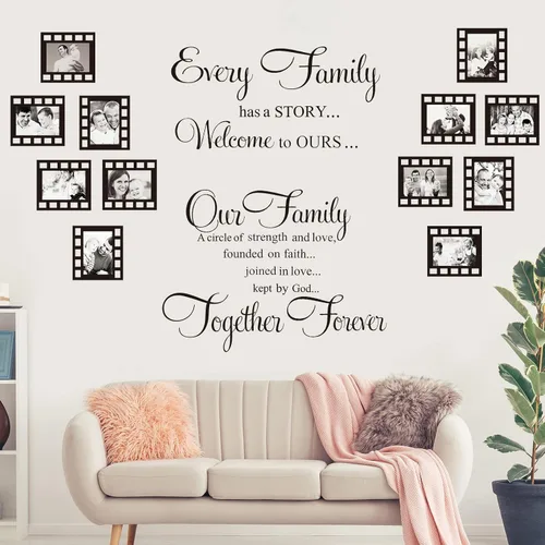 Vista 4 de Las calcomanías de pared familiares contienen 12 marcos de fotos, decoración de pared con texto en inglés «Our Family is a Circle » para sala