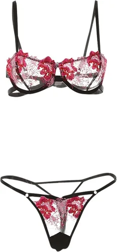 Vista 7 de Conjunto de lencería de malla de encaje para mujer, conjunto de sujetador y bragas, ropa interior hueca transparente