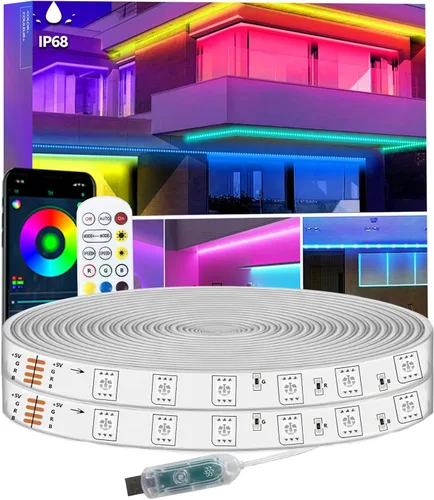 Vista 7 de Tira de luces LED de 16.4 pies IP68 impermeable para exteriores, alimentación por USB de 5 V, sincronización de música, Bluetooth APP/RF, luces