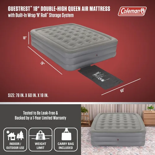 Vista 2 de Coleman GuestRest - Colchón de aire Queen de 18" con parte superior de lujo, doble altura, con sistema de almacenamiento integrado y bolsa