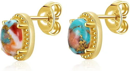 Vista 2 de Phyonio Women's Turquoise Necklaces Stud Earrings, 14K Gold Plated Mother of Pearl Heart Necklace 925 Sterling Silver Irregular Rose Quartz Pendant