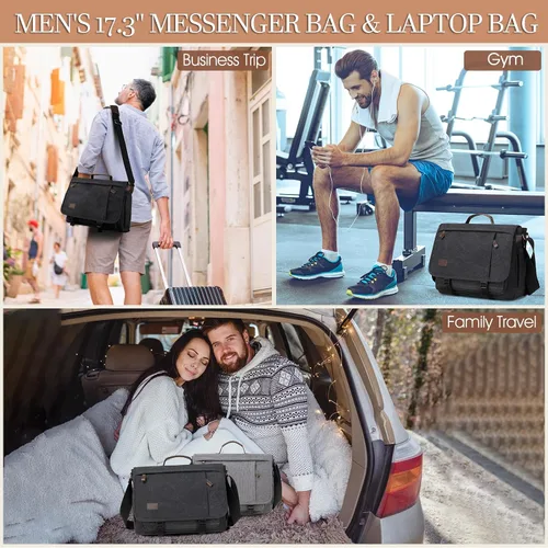 Vista 8 de Bolso de Mensajero de 17.3 Pulgadas para Hombre: 2 Piezas Bolso para Laptop de Cuero PU y Tela de Lona Maletín de Trabajo Grande para Oficina