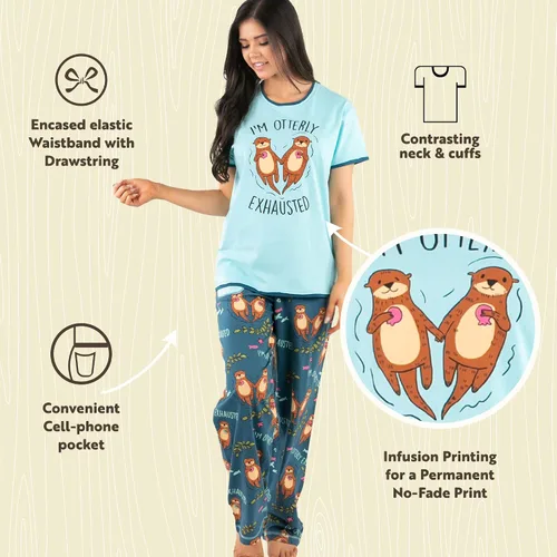 Vista 5 de Lazy One Conjunto de pijama para mujer, manga corta con bonitos estampados, ajuste relajado