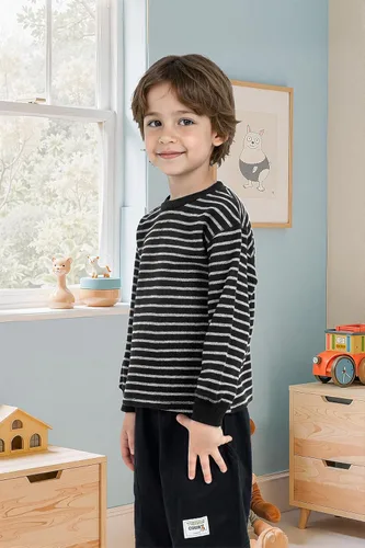 Vista 3 de Cooraby Pack de 4 Camisas de Manga Larga Térmicas para Niños con Rayas y Sólidas, Camisetas de Algodón Suave para Niños y Pequeños