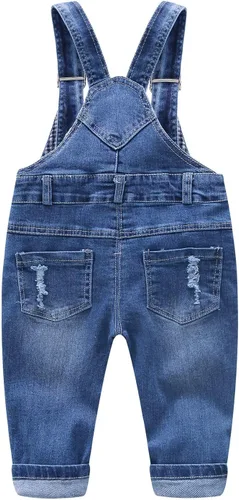 Vista 2 de KIDSCOOL SPACE Overol de mezclilla para bebé, niño y niña, ropa de trabajo lindo de mezclilla rasgada