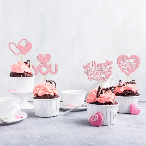 Vista 70 de Ephlyn 24 adornos para cupcakes con purpurina para el día de San Valentín, dulce amor, corazón, día de San Valentín, decoración para cupcakes