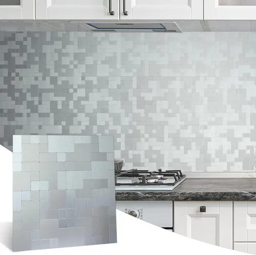 Vista 16 de DICOFUN 1 hoja de azulejo adhesivo de mármol gris para salpicaduras, azulejos de metal mixto con astillas plateadas para cocina y baño, adhesivo
