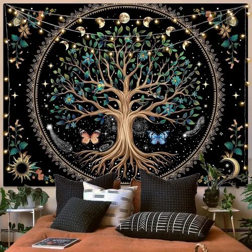 Vista 15 de Lunerfex Tapiz de árbol de la vida, tapiz de pared de fase lunar, tapices verdes para dormitorio, techo, tapices para colgar en la pared