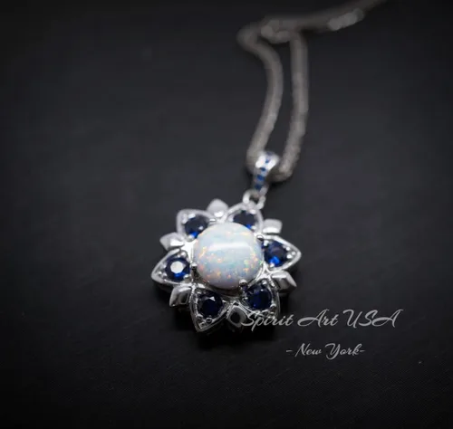 Vista 5 de Collar de ópalo – Colgante de flor de estrella de zafiro azul – 18 KGP @ Plata de ley – Piedra natal de octubre de septiembre – Joyería de ópalo