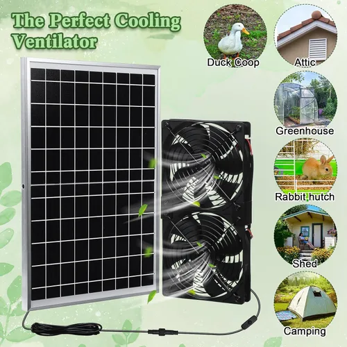 Vista 4 de Glooglitter Kit de ventilador de panel solar, impermeables, paneles de 15 W, 2 unidades, ventilador sin escobillas de CC de alta velocidad