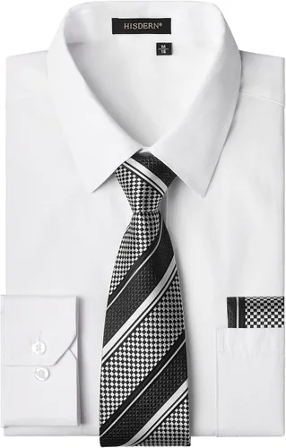 Vista 12 de HISDERN Mens Dress Shirt with Tie Pocket Square Set Classic Button Down Shirt Matching Tie Long Sleeve Shirts 08-verde