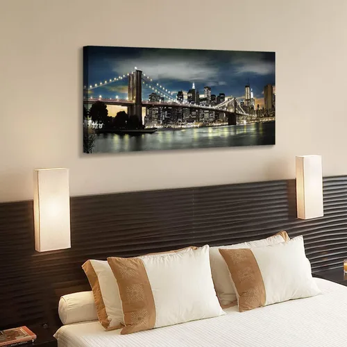 Vista 5 de Brooklyn Bridge - Lienzo decorativo para pared, luces y reflejos de horizontes en Nueva York