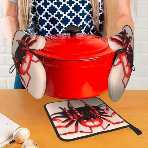 Vista 7 de Juego de manoplas de horno y soporte para ollas con diseño de araña roja, material antiquemaduras, grueso y duradero, antiquemaduras y aislado.