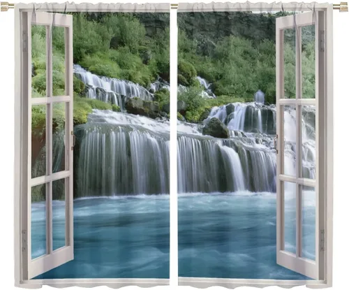 Vista 17 de Cortina opaca de bosque de verano, diseño de ramas de bosque, con bolsillo para barra, cortinas farbic con bolsillo para barra, comedor, cafetería