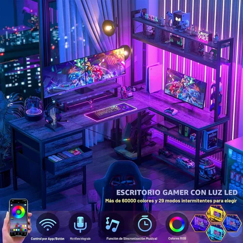 Vista 3 de Aheaplus Escritorio en forma de L con alacena, escritorio para juegos con luces LED, escritorio reversible para computadora con toma de corriente