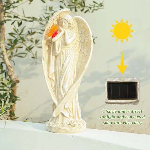 Vista 4 de Figura de ángel, grandes estatuas de jardín de ángel para exteriores con luces LED solares de mariposa, decoración de césped, adorno escultórico