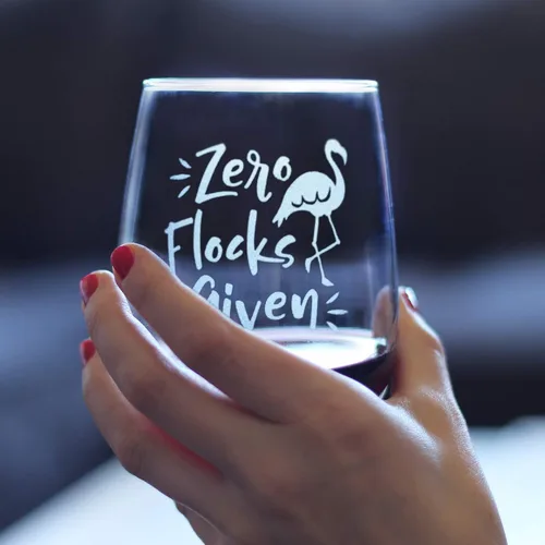Vista 3 de Zero Flocks Given - Divertida copa de vino sin tallo de flamenco, grande de 17 onzas, refranes grabados, caja de regalo