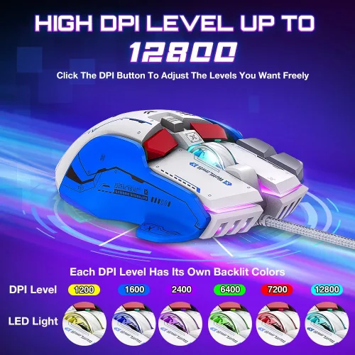 Vista 2 de WolfLawS M6 RGB Gaming Mouse 12800 DPI con cable PC Gamer Mouse con 10 botones programables y botón de fuego, 12 modos retroiluminados, software