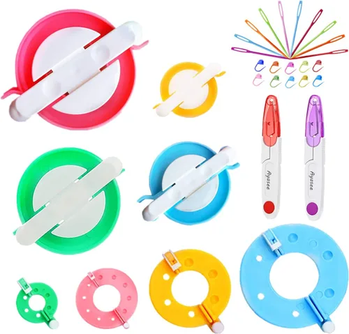 Vista 10 de Kit de fabricación de pompones, kit de telar de tejer con pompón, aguja para tejer de bolas, manualidades, kit de herramientas de ganchillo