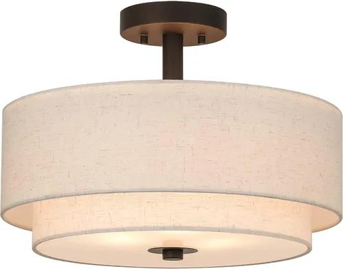 Vista 9 de XiNBEi Lighting Lámpara de Techo Semiempotrada de 16 pulgadas, Luminaria de Doble Tambor de Latón de 3 Luces con Pantalla de Lino para Techo