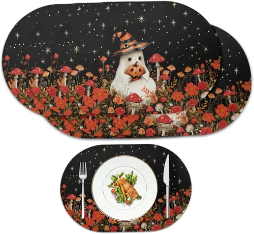 Vista 11 de Juego de 2 manteles individuales con luces de Navidad, resistentes al calor, antideslizantes, impermeables, a prueba de aceite, lavables, lavables