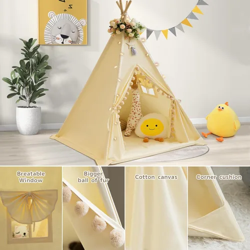 Vista 4 de WIRHAO Tienda de campaña tipi para niños con alfombrilla acolchada, lona de algodón, tipi con pompón para niños pequeños, tienda de campaña