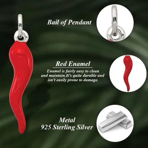 Vista 4 de Diamond2Deal Colgante de cuerno italiano de plata de ley 925 con esmalte rojo, joyería fina para mujer (L- 1.299 in W- 0.276 in), Plata esterlina