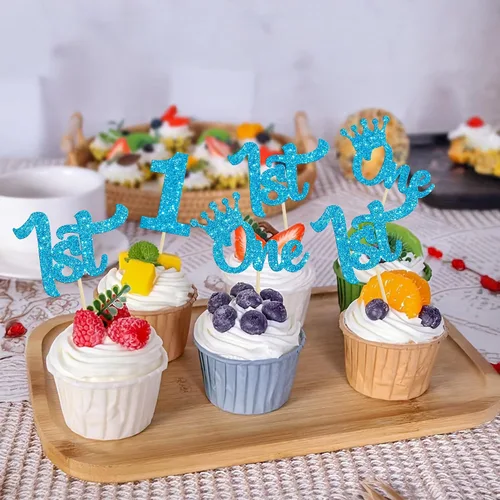 Vista 5 de 24 adornos para cupcakes de primer cumpleaños con purpurina para decoración de pastel de primer cumpleaños, selecciones de cupcakes para niños, baby