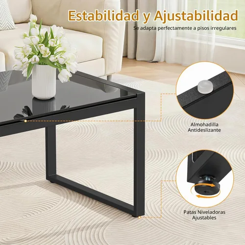 Vista 5 de ONBRILL Mesa de café rectangular con escritorio de vidrio templado, mesa de café para exteriores con marco galvanizado y pies ajustables para patio