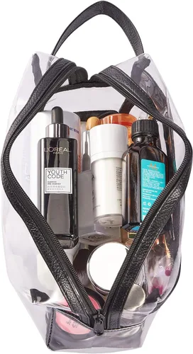 Vista 5 de Neceser de aseo transparente, para maquillaje, productos de afeitar, cosméticos, resistente, impermeable, con cierre y asa para viajes, Negro)