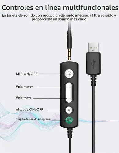 Vista 5 de Auriculares con cable con micrófono para PC, computadora portátil, auriculares USB con micrófono de cancelación de ruido, control en línea