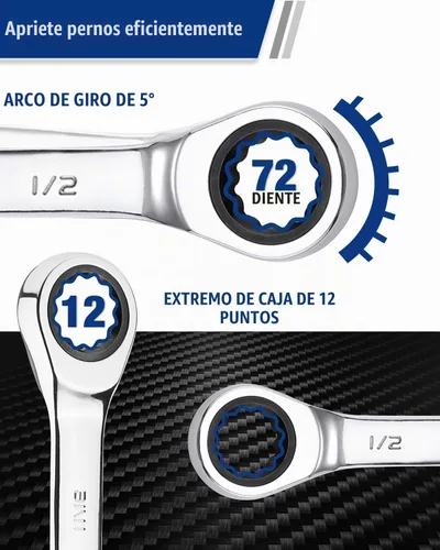 Vista 3 de WORKPRO Llave combinada de trinquete de 1/2 pulgada SAE, CR-V construida con cromado pulido espejo, diseño de 12 puntos, desplazamiento de 15 grados