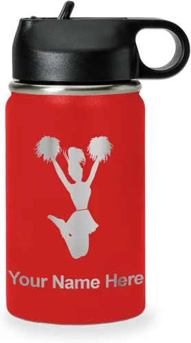 Vista 31 de LaserGram Botella de agua con tapa abatible de doble pared de 12 onzas con pajita, animadora, grabado personalizado incluido (negro)
