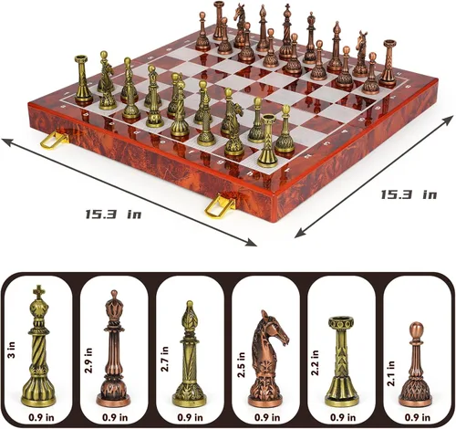 Vista 6 de Juego de ajedrez de metal vintage para adultos y niños, tablero de ajedrez plegable de mármol con almacenamiento, elegante juego de ajedrez de viaje
