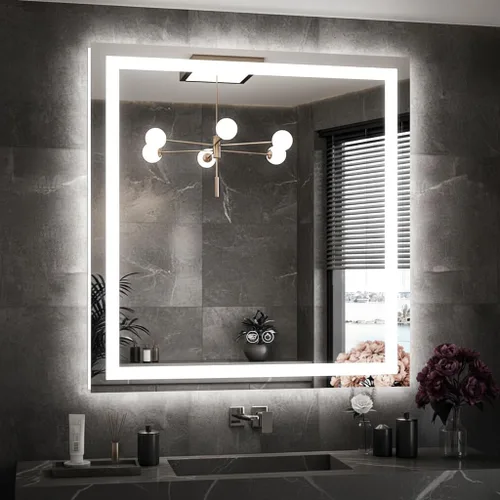 Vista 11 de Espejo de tocador LED de 24 x 36 para baño, espejo LED frontal y retroiluminado para baño con 3 luces de color, espejo de tocador de pared