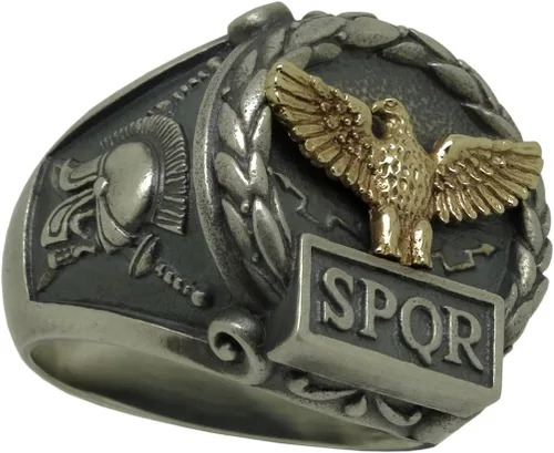 Vista 7 de Anillo de plata de ley y oro macizo amarillo de 10 quilates hecho a medida con águila del imperio romano SPQR Skull Biker para hombre