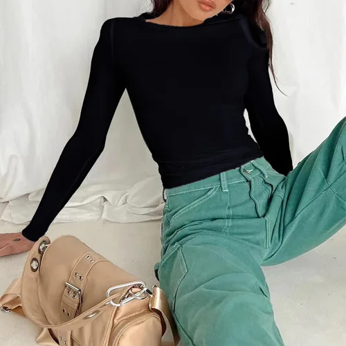 Vista 3 de ZSPHCZRWY Camisas básicas para mujer, estilo casual, cuello redondo, ajustadas, camisetas cortas de algodón suave para salir