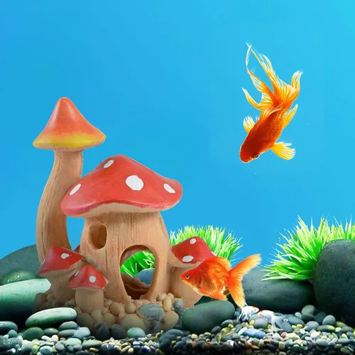 Vista 4 de Bonita decoración de casa de hongos para acuario, adorno de pecera, cuevas de Pleco para escondite de peces pequeños y decoraciones de jardín