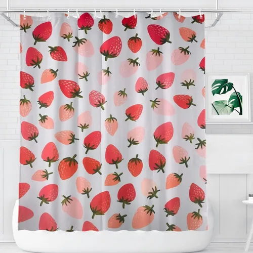 Vista 9 de KOMIKU Juego de cortina de ducha estética de frutas con diseño floral de cereza rosa, decoración de baño de frutas de verano, de poliéster, lona
