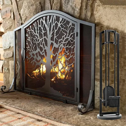 Vista 8 de ROYUMI Pantalla de chimenea en forma de árbol con herramientas, estufa de leña con puertas, accesorios de hierro forjado, cepillo, póker, pala