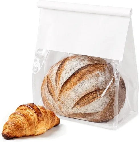 Vista 7 de 50 bolsas de pan con lazo de lata, bolsas para pan hechas de papel de algodón marrón, bolsa de embalaje de almacenamiento con ventana transparente