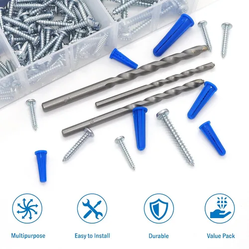 Vista 4 de Kit surtido de anclajes y tornillos de pared de hormigón cónico, 228 anclajes de mampostería con 3 brocas de perforación, 114 anclajes de pared